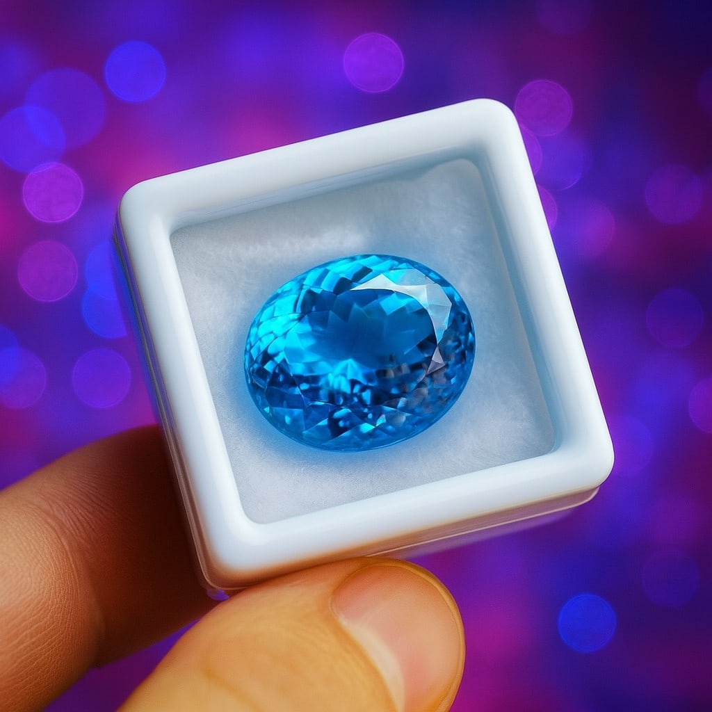 Natural Blue Topaz Oval Faceted Cut 24.35 Carats Gemstone: Natural Blue Topaz Oval Faceted Cut 24.35 Carats Gemstone Gemstone : Blue Topaz Stone Shape : Oval Stone Cutting Type : Faceted Cut Stone Weight : 24.35 Carats Stone Measurement : 17x14x11