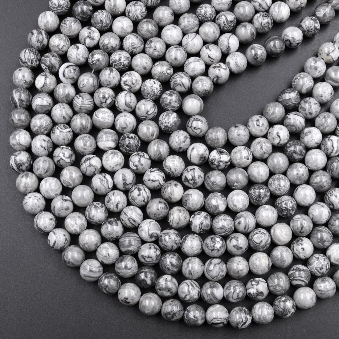 Natural Grey Map Jasper Gemstone 10 mm Round Smooth Plain Beads 10 Strand (1 of 7)