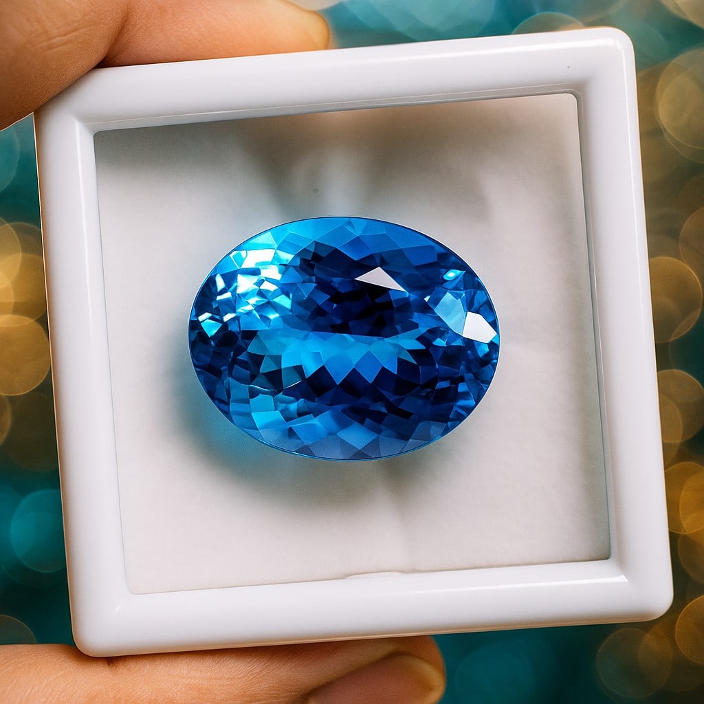 Natural Blue Topaz Oval Faceted Cut 55.5 Carats Gemstone: Natural Blue Topaz Oval Faceted Cut 55.5 Carats Gemstone Gemstone : Blue Topaz Stone Shape : Oval Stone Cutting Type : Faceted Cut Stone Weight : 55.5 Carats Stone Measurement : 38x23x14 MM