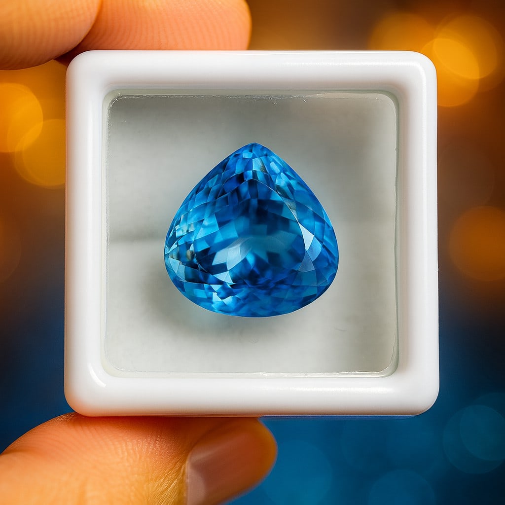 Natural Blue Topaz Heart Faceted Cut 15.4 Carats Gemstone: Natural Blue Topaz Heart Faceted Cut 15.4 Carats Gemstone Gemstone : Blue Topaz Stone Shape : Heart Stone Cutting Type : Faceted Cut Stone Weight : 15.4 Carats Stone Measurement : 14x15x10