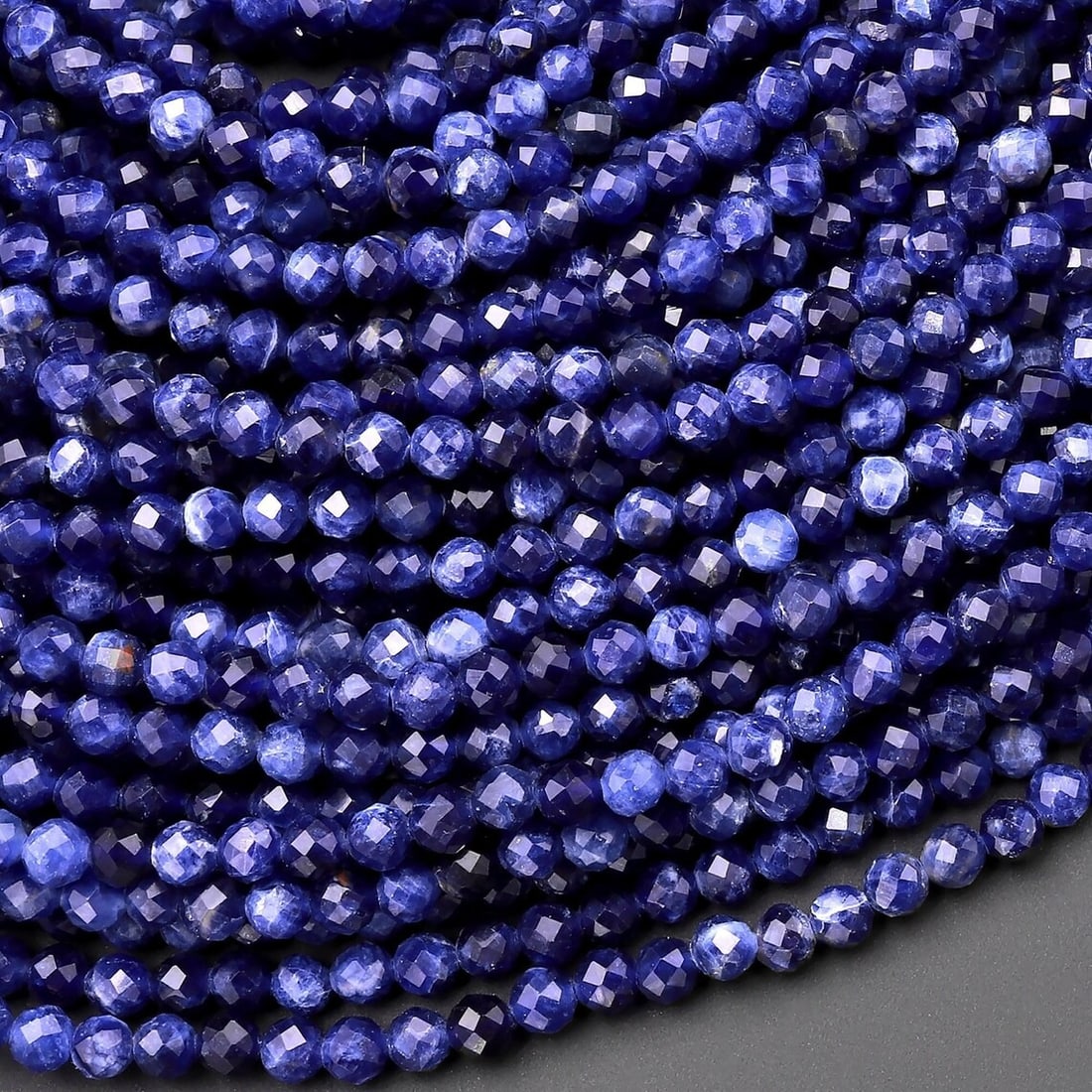 Natural Sodalite Gemstone 4 mm Round Micro Faceted Beads 10 Strand: Natural Sodalite Gemstone 4 mm Round Micro Faceted Beads 10 Strand Product Type : Loose Beads Strand Gemstone : Sodalite Beads Shape : Round Micro Faceted Beads Size : 4 mm Quantity : 10 L