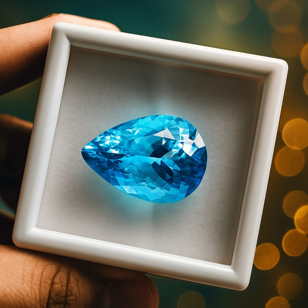 Natural Blue Topaz Pear Faceted Cut 48.35 Carats Gemstone: Natural Blue Topaz Pear Faceted Cut 48.35 Carats Gemstone Gemstone : Blue Topaz Stone Shape : Pear Stone Cutting Type : Faceted Cut Stone Weight : 48.35 Carats Stone Measurement : 28x18.5x1