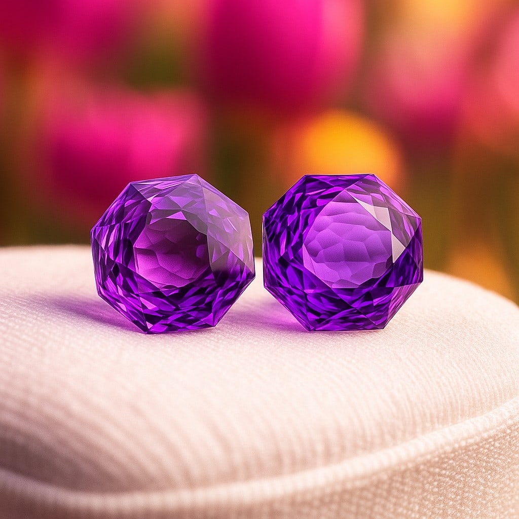 Natural Amethyst Octagon Concave Cut 20.4 Cts. Gemstone Pair: Natural Amethyst Octagon Concave Cut 20.4 Cts. GemstoneAmethyst Shape : Octagon Size : Stone 1 : 13.5X13.5X11 MM , Stone 2 : 13.5X13.5X10.5 MM Color : Purple Type : Concave Cut Quantity : 2 Pieces<