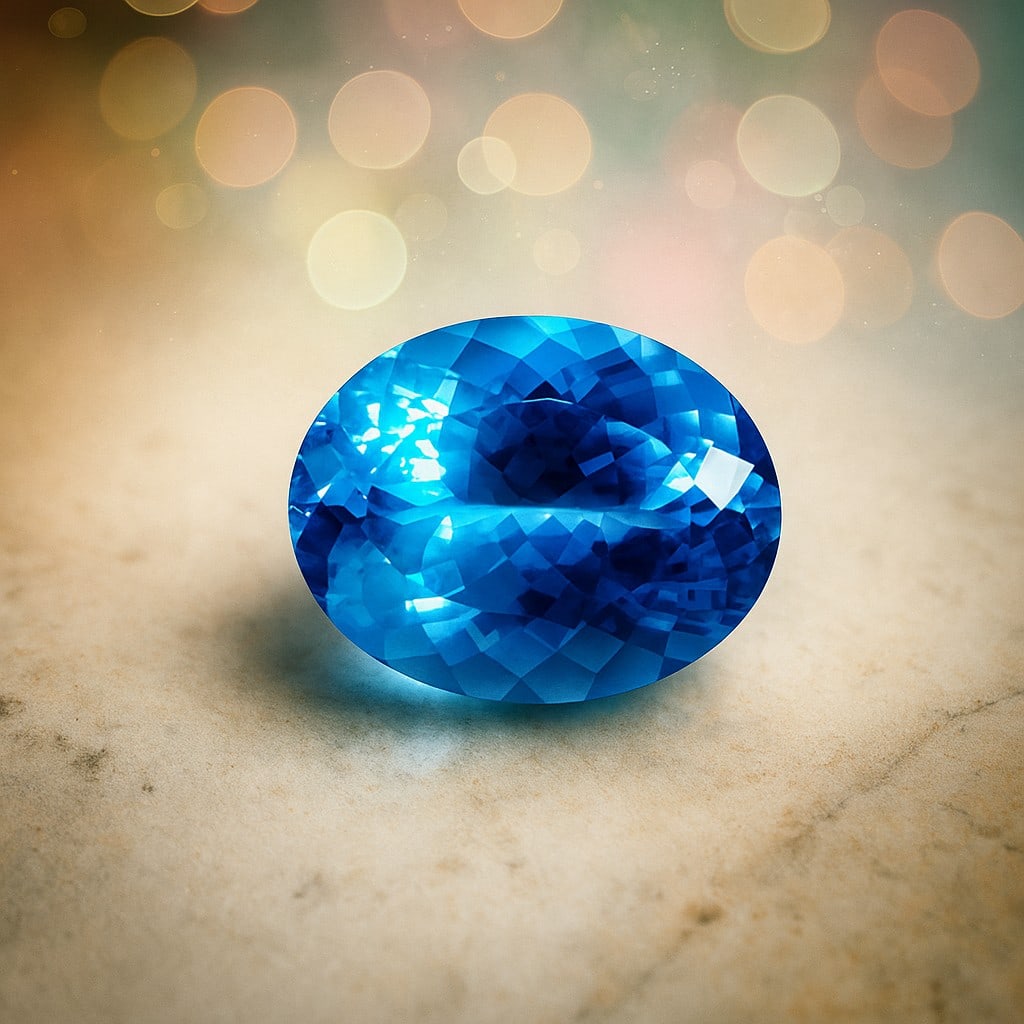 Natural Blue Topaz Oval Faceted Cut 58.5 Carats Gemstone: Natural Blue Topaz Oval Faceted Cut 58.5 Carats Gemstone Gemstone : Blue Topaz Stone Shape : Oval Stone Cutting Type : Faceted Cut Stone Weight : 58.5 Carats Stone Measurement : 28x24x14 MM