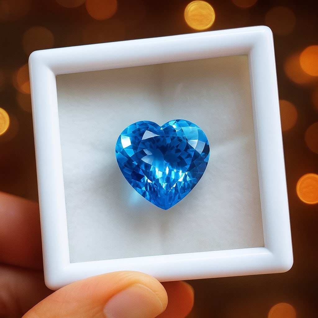 Natural Blue Topaz Heart Faceted Cut 21.05 Carats Gemstone: Natural Blue Topaz Heart Faceted Cut 21.05 Carats Gemstone Gemstone : Blue Topaz Stone Shape : Heart Stone Cutting Type : Faceted Cut Stone Weight : 21.05 Carats Stone Measurement : 17x17x1