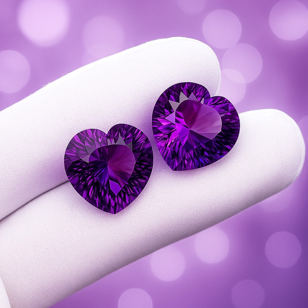 Natural Amethyst Heart Concave Cut 33.4 Cts. Gemstone Pair: Natural Amethyst Heart Concave Cut 33.4 Cts. GemstoneAmethyst Shape : Heart Size : Stone 1 : 17X16.5X11 MM , Stone 2 : 16.5X16.5X13.5 MM Color : Purple Type : Concave Cut Quantity : 2 Pieces