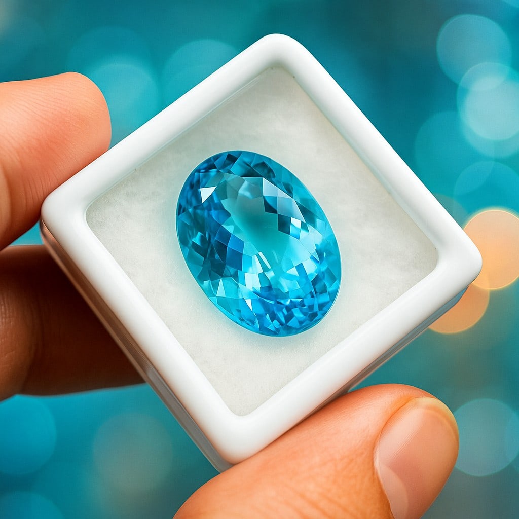 Natural Blue Topaz Oval Faceted Cut 15.1 Carats Gemstone: Natural Blue Topaz Oval Faceted Cut 15.1 Carats Gemstone Gemstone : Blue Topaz Stone Shape : Oval Stone Cutting Type : Faceted Cut Stone Weight : 15.1 Carats Stone Measurement : 17x12x9 MM