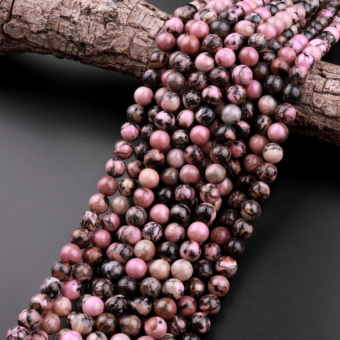 Natural Black Matrix Pink Rhodonite Gemstone 6 mm Round Smooth Plain Beads 10 Strand (1 of 5)