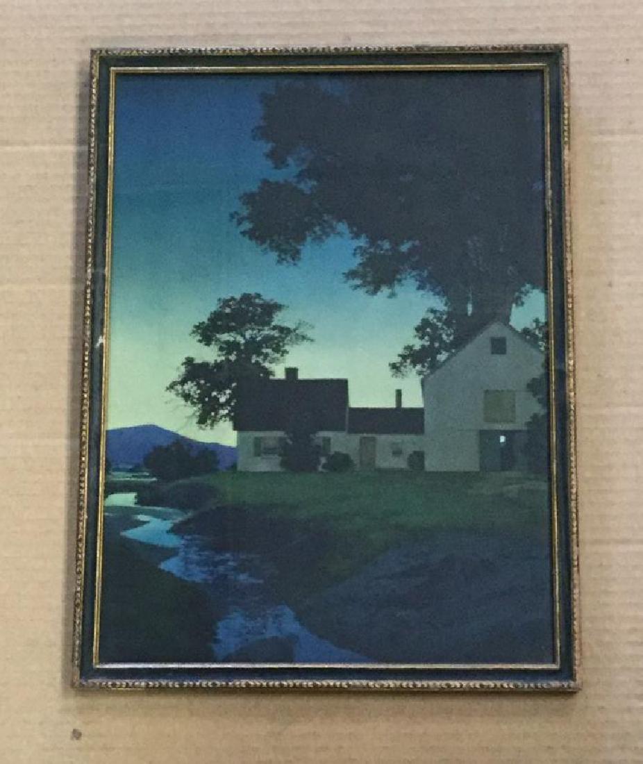 MAXFIELD PARRISH FARMHOUSE BY A STREAM AT DAWN, PERIOD: MAXFIELD PARRISH FARMHOUSE BY A STREAM AT DAWN, PERIOD PRINT, IN ORIGINAL FRAME, NICE DEEP COLOR, VERY NICE CONDITION, FROM ESTATE COLLECTION, PRINT MEASURES 15" X 11". LOWER LEFT CORNER IS THE HOUSE