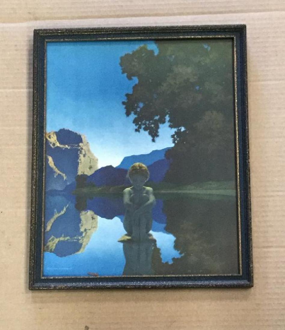 MAXFIELD PARRISH EVENING, IN PERIOD FRAME, ORIGINAL: MAXFIELD PARRISH EVENING, IN PERIOD FRAME, ORIGINAL REINTHAL & NEWMAN THE HOUSE OF ART PAPER LABEL ON BACK, VIVID COLOR, PRINT MEASURES `15" X 12". FROM ESTATE COLLECTION.