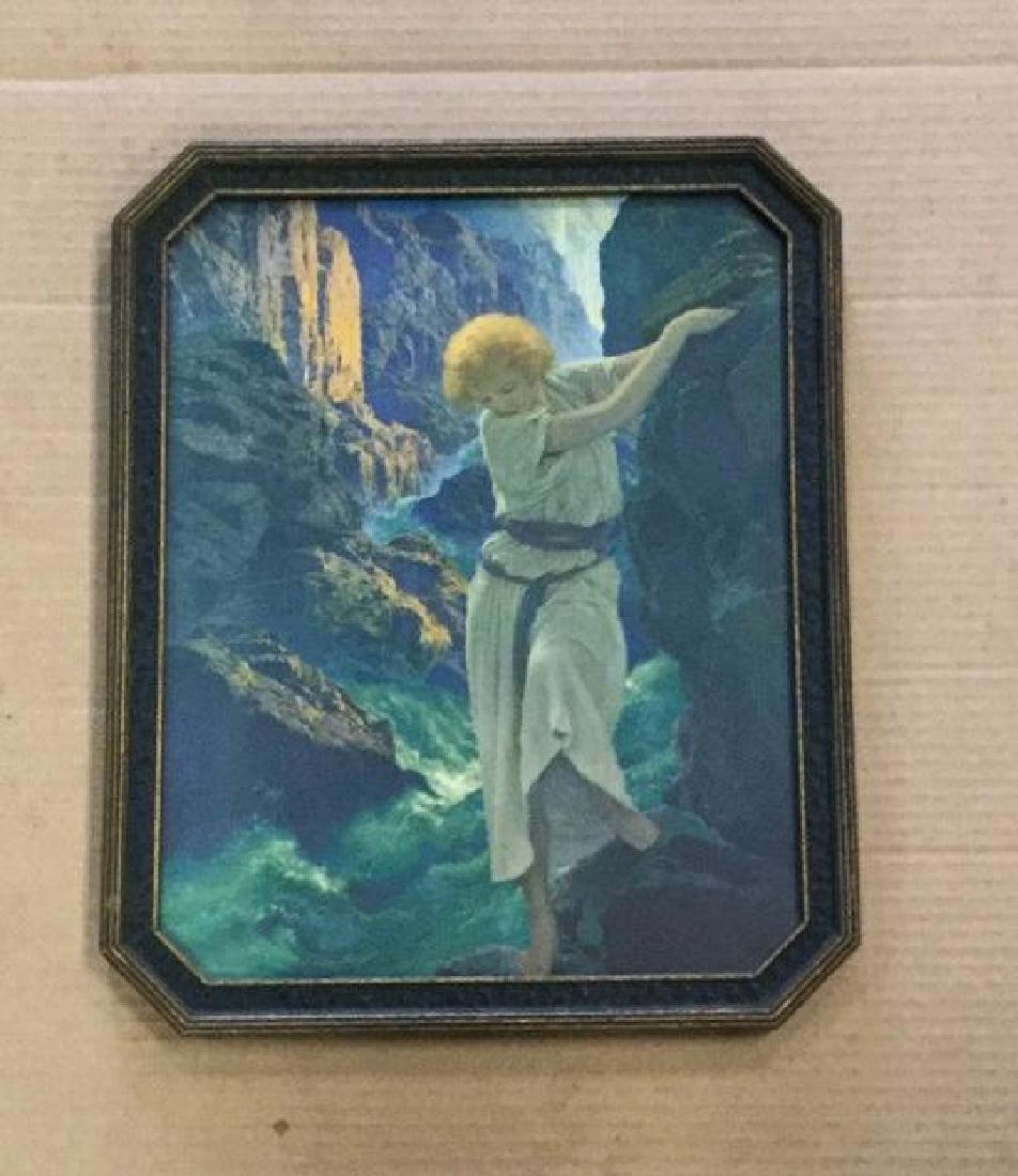 MAXFIELD PARRISH THE CANYON PERIOD PRINT IN PERIOD: MAXFIELD PARRISH THE CANYON PERIOD PRINT IN PERIOD FRAME, REINTHAL & NEWMAN IN LOWER LEFT CORNER. VIVID COLOR, PRINT MEASURES 15" X 12". FROM ESTATE COLLECTION.