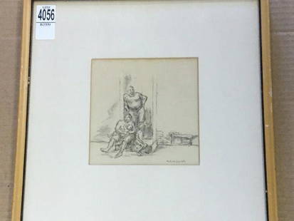 AARON SOPHER PENCIL DRAWING OF MAN, WOMAN, CHILD & BABY: AARON SOPHER PENCIL DRAWING OF MAN, WOMAN, CHILD & BABY ON A STOOP, SIGNED LOWER RIGHT, FRAME MEASURES 13 1/2" X 12 1/2", BORN IN BALTIMORE IN 1905, DIED IN 1972, WAS AN ILLUSTRATOR AND CARTOONIST FOR