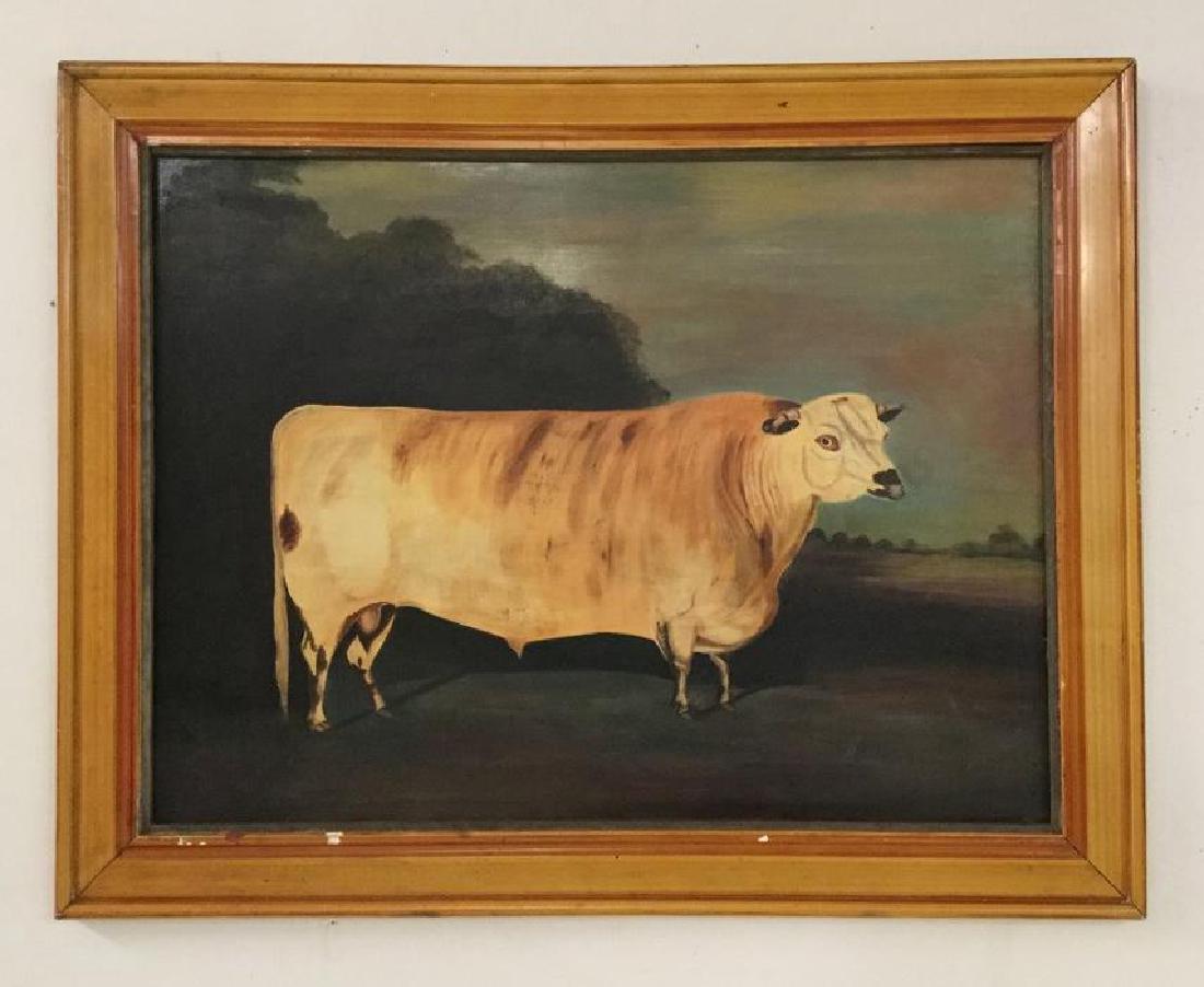 FOLK ART O/B ENGLISH PAINTING OF LARGE COW, SIGNED (1 of 4)