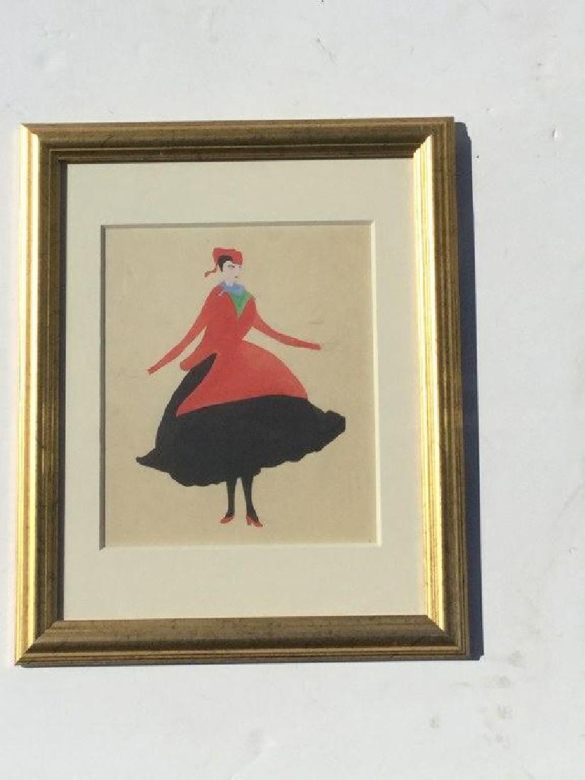 KONRAD CRAMER DOUBLE SIDED W/C AND GOUACHE OF WOMAN IN: KONRAD CRAMER DOUBLE SIDED W/C AND GOUACHE OF WOMAN IN RED DRESS ON ONE SIDE & WALLPAPER W/C SAMPLE ON BACK SIDE WITH ESTATE STAMP, FRAME MEASURES 16" X 13", FROM WOODSTOCK NY ESTATE ART COLLECTION, A