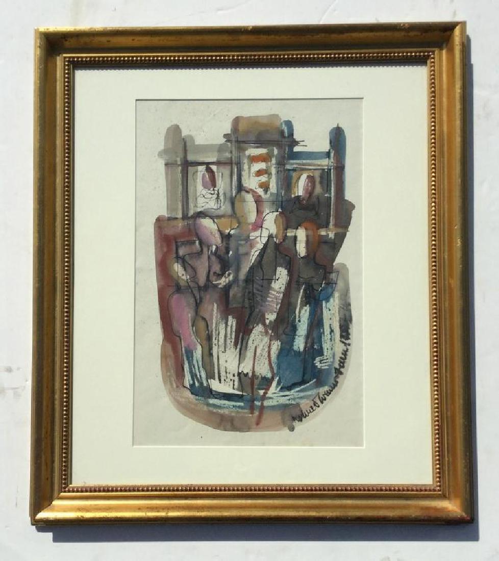 KONRAD CRAMER ABSTRACT IMPRESSIONIST W/C WITH FIGURES,: KONRAD CRAMER ABSTRACT IMPRESSIONIST W/C WITH FIGURES, 1952, PAINTING MEASURES 20" X 13", NICELY FRAMED AND MATTED, FROM WOODSTOCK NY ESTATE ART COLLECTION, AS PICTURED