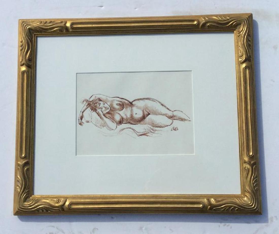 AARON BOHROD PRONE NUDE FIGURE DRAWING OF WOMAN, W/C: AARON BOHROD PRONE NUDE FIGURE DRAWING OF WOMAN, W/C WASH WITH PEN AND INK, INITIALED, DRAWING 8" X 11 1/2", BEAUTIFULLY FRAMED AND MATTED, PROVENANCE- ESTATE OF ARTIST TO CHARLES MCCRACKEN, HILTON HE