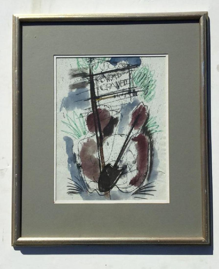 KONRAD CRAMER W/C FIGURE DIGGING HOLE FOR KONRAD CRAMER: KONRAD CRAMER W/C FIGURE DIGGING HOLE FOR KONRAD CRAMER SIGN, FRAMED AND MATTED, PAINTING MEASURES 14" X 10", FROM WOODSTOCK NY ESTATE ART COLLECTION, AS PICTURED