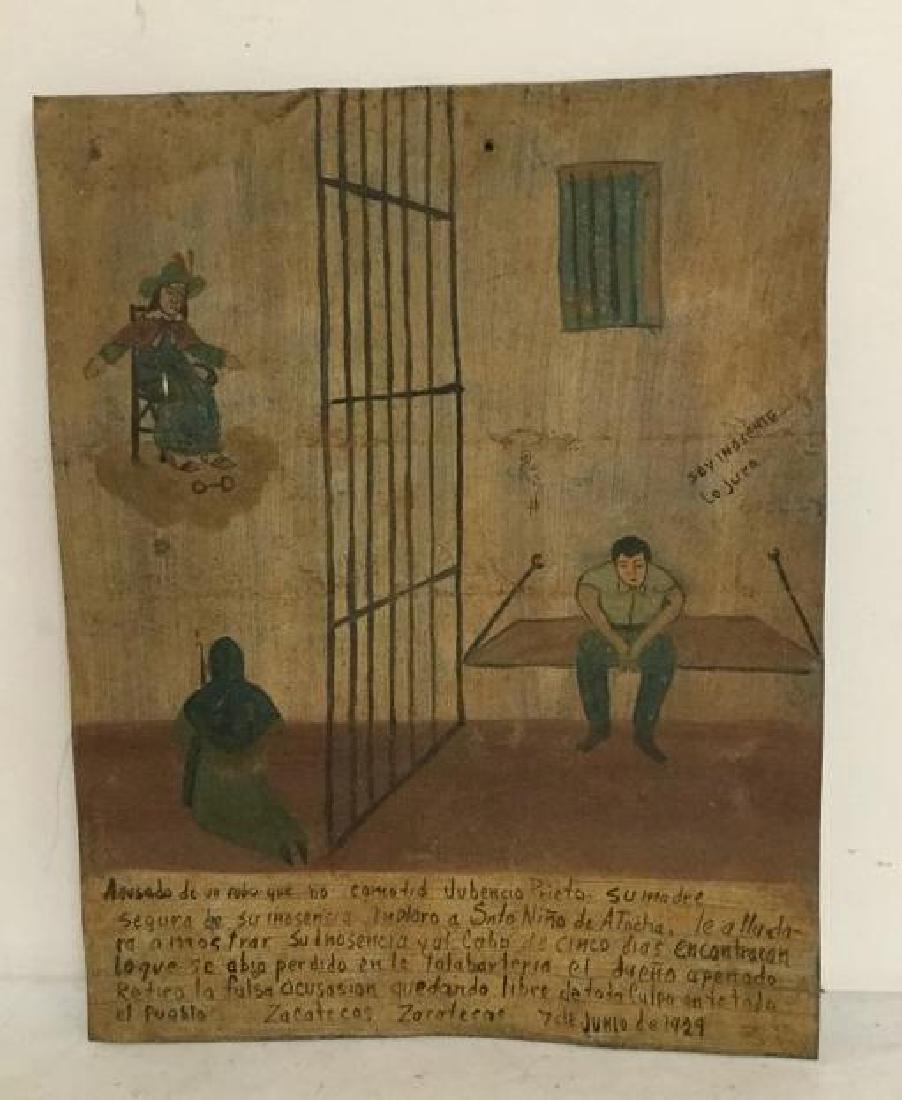FOLK ART OUTSIDER ART PAINTING MAN IN JAIL, SIGNED: FOLK ART OUTSIDER ART PAINTING MAN IN JAIL, SIGNED ZACATECAS, DATED JUNE 7, 1929. APPEARS TO BE PAINTED ON TIN SHINGLE, WRITING UNDERNEATH, AS PICTURED, MEASURES 9 1/2" X 7 1/2". FROM BOSTON, MASS. OU