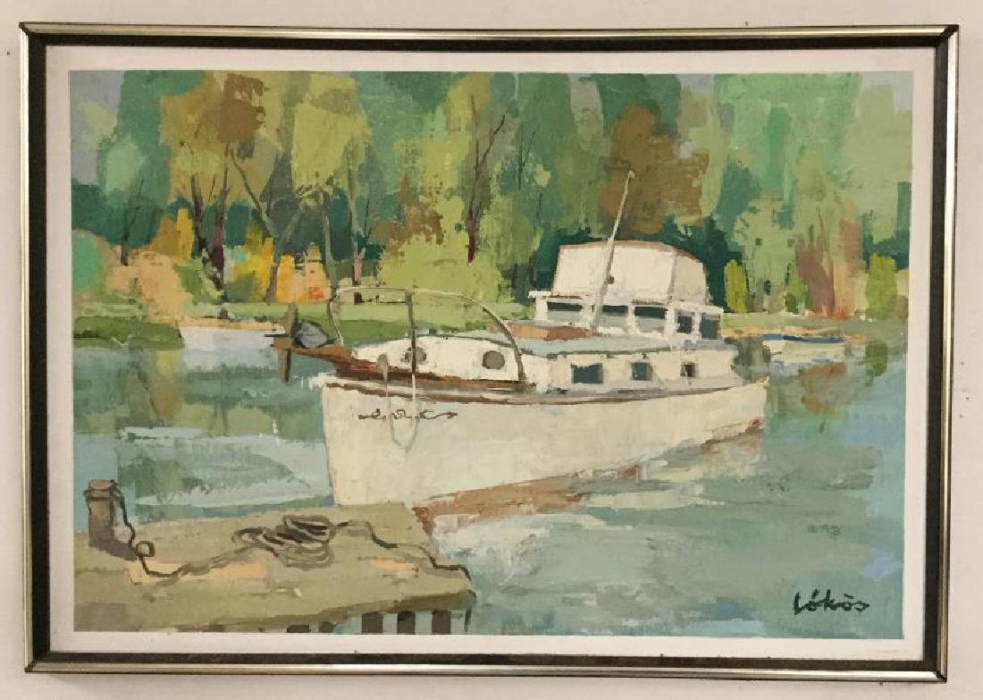 STEFAN LOKOS IMPRESSIONIST O/C LARGE BOAT DOCKED, (1 of 3)
