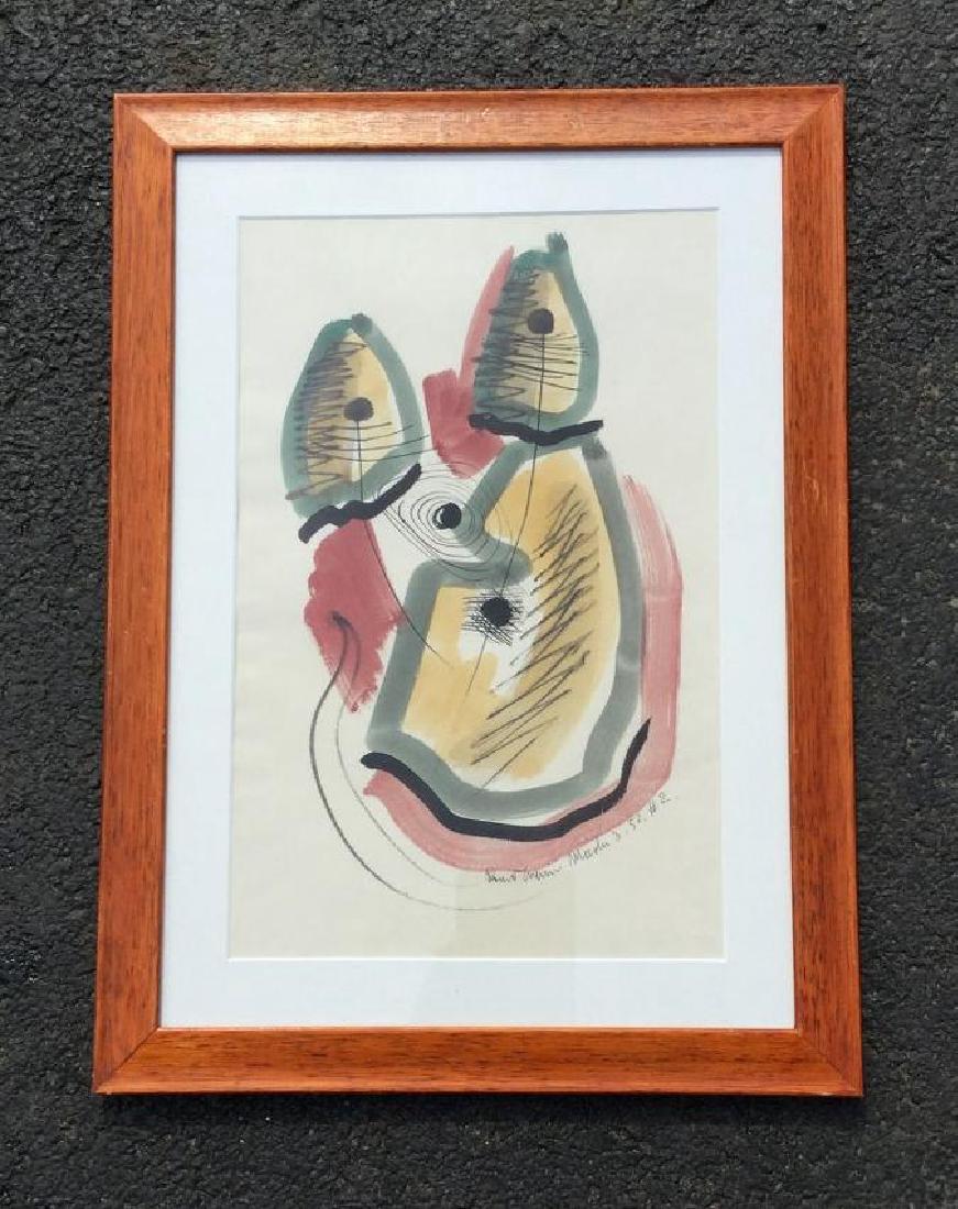 KONRAD CRAMER ABSTRACT W/C AND INK, DATED 1952, FRAMED: KONRAD CRAMER ABSTRACT W/C AND INK, DATED 1952, FRAMED AND MATTED, PAINTING MEASURES 18" X 12", SIGNED LOWER RIGHT, FROM WOODSTOCK NEW YORK ESTATE COLLECTION, AS PICTURED