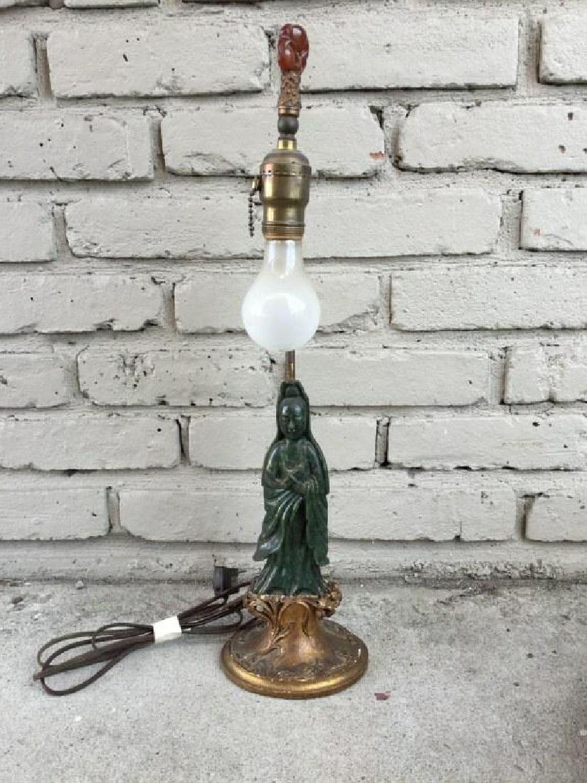 JADE FIGURAL WOMAN HOLDING A BOX TABLE LAMP, ON GILT (1 of 4)