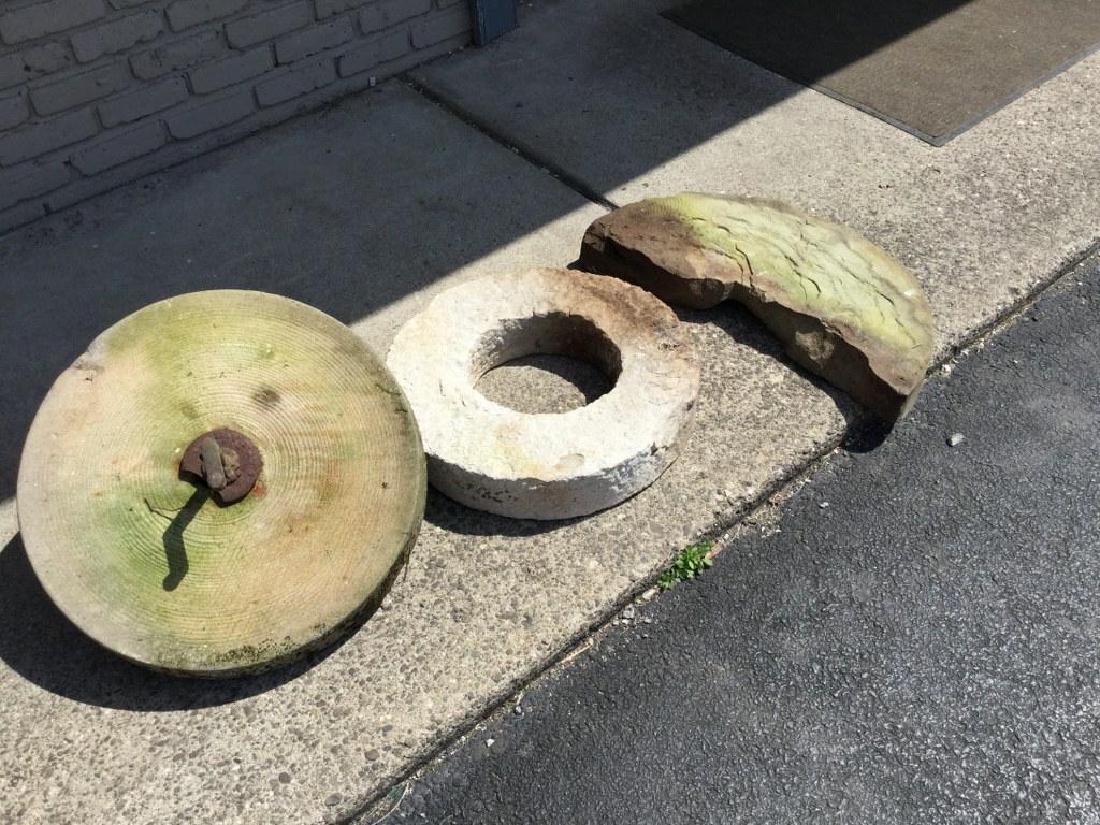 3 STONE OBJECTS INCLUDING SMALL GRIST MILL STONE, HALF (1 of 3)