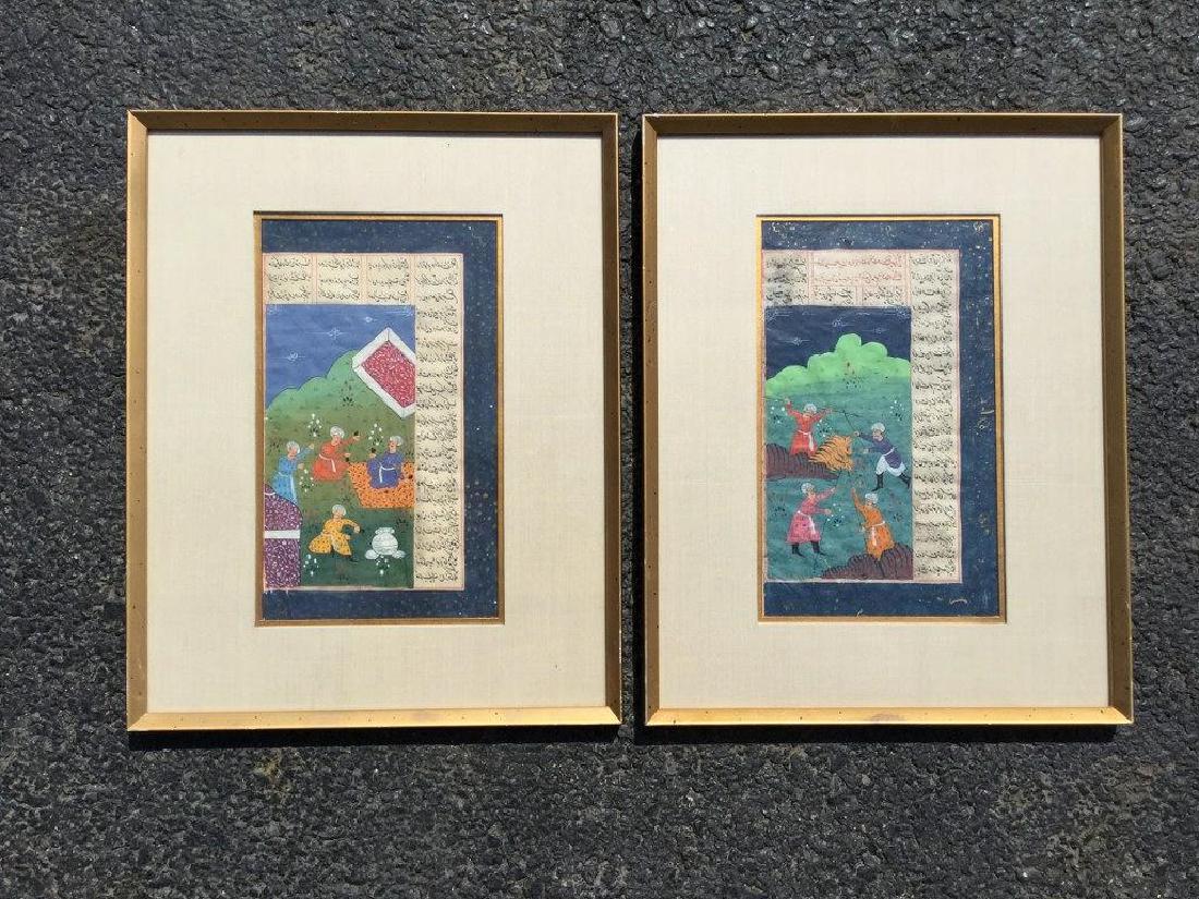 2 HAND COLORED INDIAN MANUSCRIPTS WITH INDIAN MEN, 1: 2 HAND COLORED INDIAN MANUSCRIPTS WITH INDIAN MEN, 1 WITH TIGER, FRAMES MEASURE 14 1/2" X 11 1/2", FROM ESTATE OF DR GADE OF KINGSTON NY WHO TRAVELED FOR MANY YEARS TO INDIA, AS PICTURED