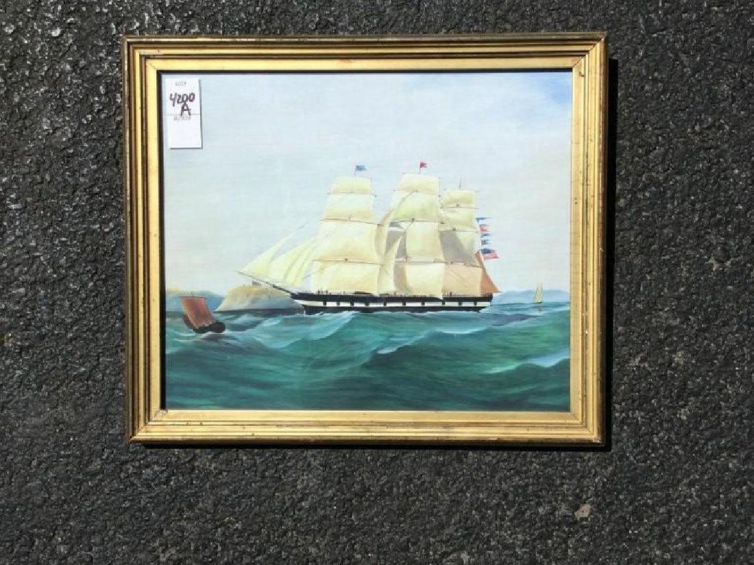 REPRODUCED SHIP PAINTING, PAINTING MEASURES 10 1/2" X: REPRODUCED SHIP PAINTING, PAINTING MEASURES 10 1/2" X 12 1/2", INFORMATION ON BACK-PHILIP J OULESS PAINTING, FROM ESTATE OF DR GADE OF KINGSTON NY WHO TRAVELED FOR MANY YEARS TO INDIA AND WOULD BRING