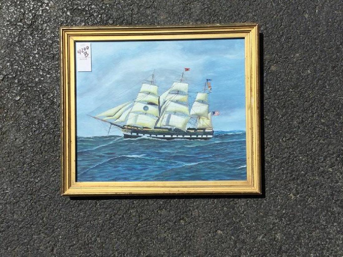 REPRODUCED SHIP PAINTING,PAINTING MEASURES 10 1/2" X 12: REPRODUCED SHIP PAINTING,PAINTING MEASURES 10 1/2" X 12 1/2", INFORMATION ON BACK-ANTONIO JACUBSEN PAINTING, FROM ESTATE OF DR GADE OF KINGSTON NY WHO TRAVELED FOR MANY YEARS TO INDIA AND WOULD BRING 