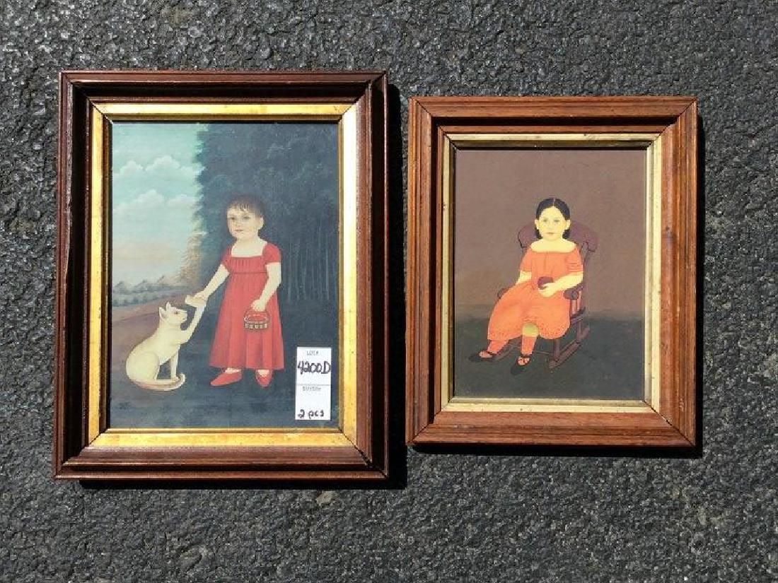 2 REPRODUCED PAINTINGS OF GIRLS, 1-GIRL IN ROCKING: 2 REPRODUCED PAINTINGS OF GIRLS, 1-GIRL IN ROCKING CHAIR W/APPLE, PAINTING MEASURES 7 1/2" X5 3/4", & GIRL W/CAT, PAINTING MEASURES 9" X 7", FROM ESTATE OF DR GADE OF KINGSTON NY WHO TRAVELED FOR MANY
