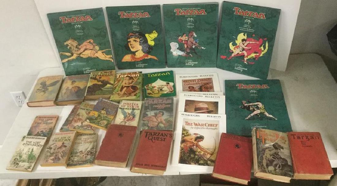 BOXLOT TARZAN BOOKS BY EDGAR RICE BURROUGHS INCLUDING: BOXLOT TARZAN BOOKS BY EDGAR RICE BURROUGHS INCLUDING PAPERBACKS, HARD COVER, SOME W/DUST JACKETS, ETC., AS PICTURED