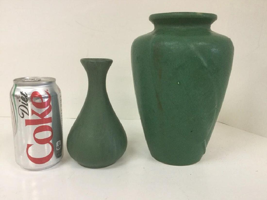 2 MATTE GREEN PCS OF POTTERY, BOTH UNMARKED, 1 WITH A (1 of 2)