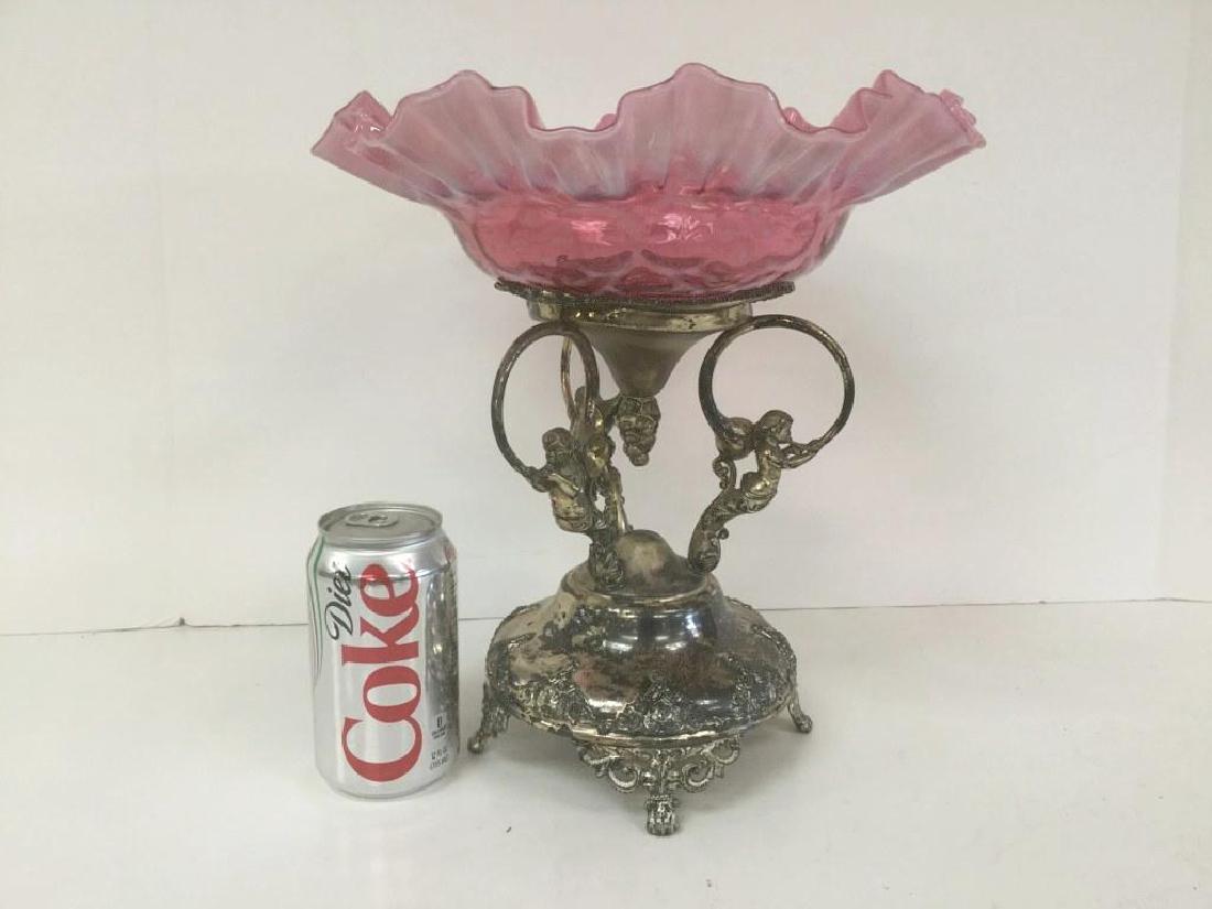CASED GLASS BRIDES BASKET W/FIGURES, WEAR TO: CASED GLASS BRIDES BASKET W/FIGURES, WEAR TO SILVERPLATE AS SHOWN, MEASURES 12" HIGH, BOWL MEASURES 10 1/2" ACROSS, AS PICTURED