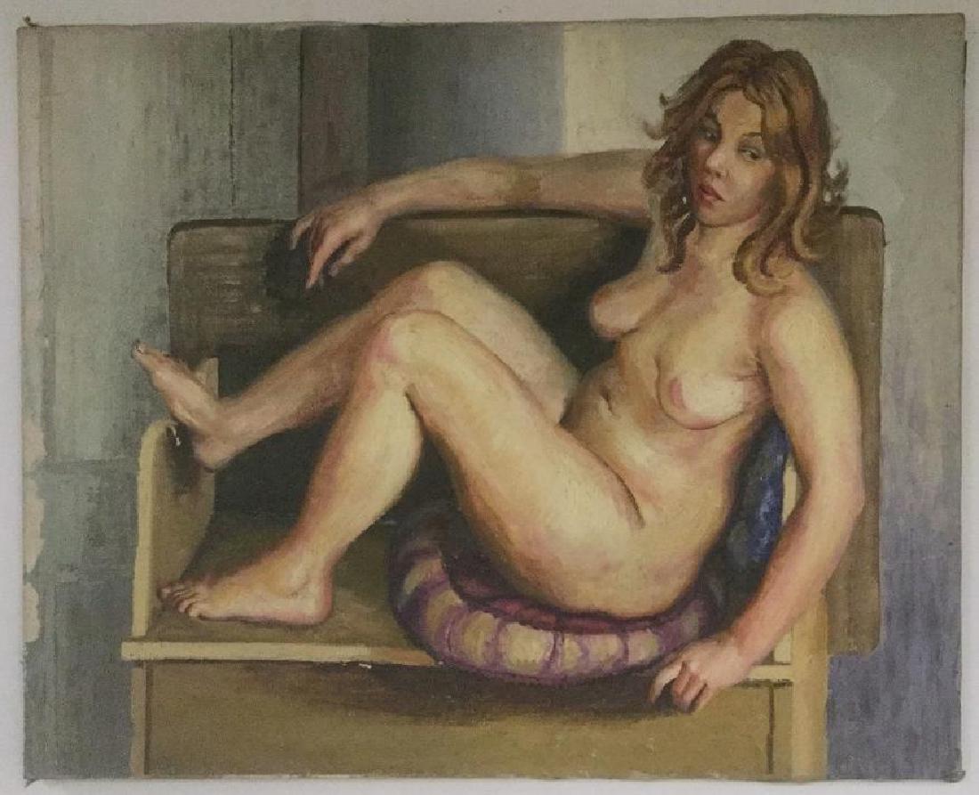 JOSEPH POLLET (1897-1979) O/C NUDE FEMALE RECLINING ON: JOSEPH POLLET (1897-1979) O/C NUDE FEMALE RECLINING ON BENCH, CIRCA 1940'S, PAINT FLAKING MOSTLY ON BORDER, CANVAS MEASURES 40" X 50", DIRECTLY FROM HIS WOODSTOCK NY ESTATE, HAVE BEEN IN STORAGE AT GR