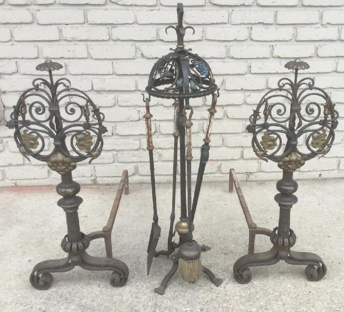 ORNATE PAIR HAND WROUGHT IRON ANDIRONS W/FIREPLACE (1 of 9)