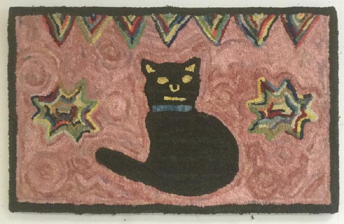 FOLK ART HOOK RUG W/BLACK CAT, MEASURES 18" X 29", (1 of 1)