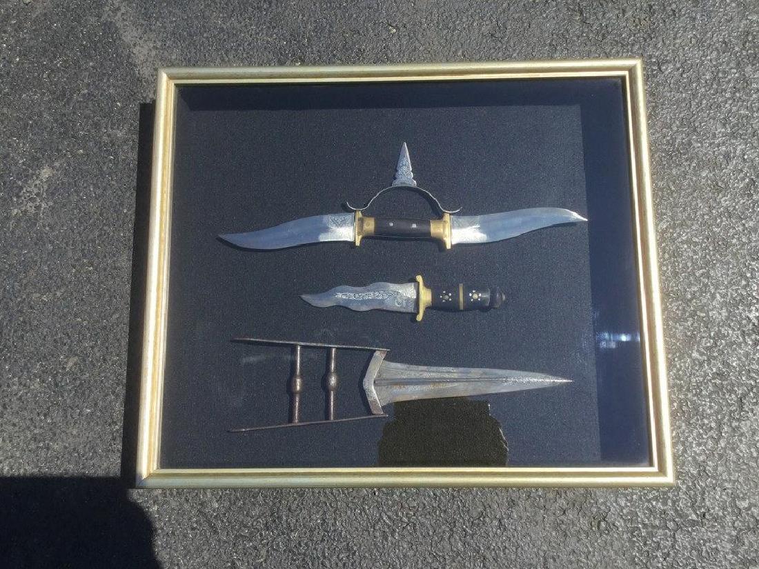 SHADOW BOX W /3 INDIAN KNIVES INCLUDING RELIGIOUS (1 of 2)