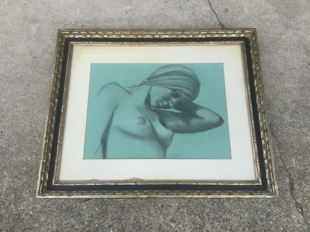 NEIL GREEN NUDE PASTEL OF WOMAN, SIGNED N A GREENE,: NEIL GREEN NUDE PASTEL OF WOMAN, SIGNED N A GREENE, GALLERY LABEL ON BACK AS PICTURED. DRAWING MEASURES 18" X 24", NICE CONDITION.