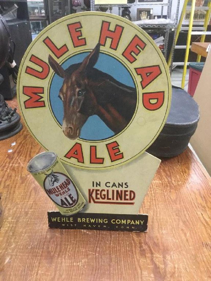 MULEHEAD ALE ADVERTISING COUNTER DISPLAY, BACK INTACT,: MULEHEAD ALE ADVERTISING COUNTER DISPLAY, BACK INTACT, HAS SOME WEAR ON EDGES, MEASURES 15" HIGH, AS PICTURED