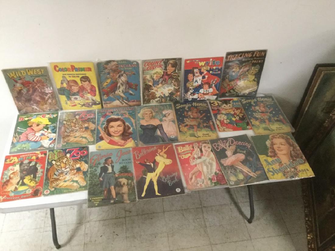 BOXLOT OF 20 COLORING BOOKS, PAINT BOOKS AND PICTURED: BOXLOT OF 20 COLORING BOOKS, PAINT BOOKS AND PICTURED BOOKS, 1930'S-1950'S, INCLUDING INDIANS, WILD WEST, SONJA HENIE, BETTY GRABLE, ESTHER WILLIAMS, AND MORE, GOOD CONDITION, AS PICTURED
