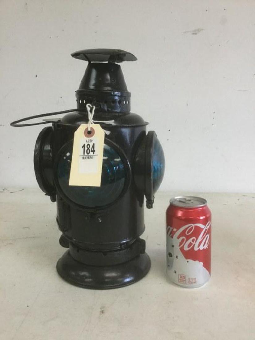 EARLY RAILROAD LANTERN WITH 3 BLUE AND 1 RED LENS. (1 of 1)