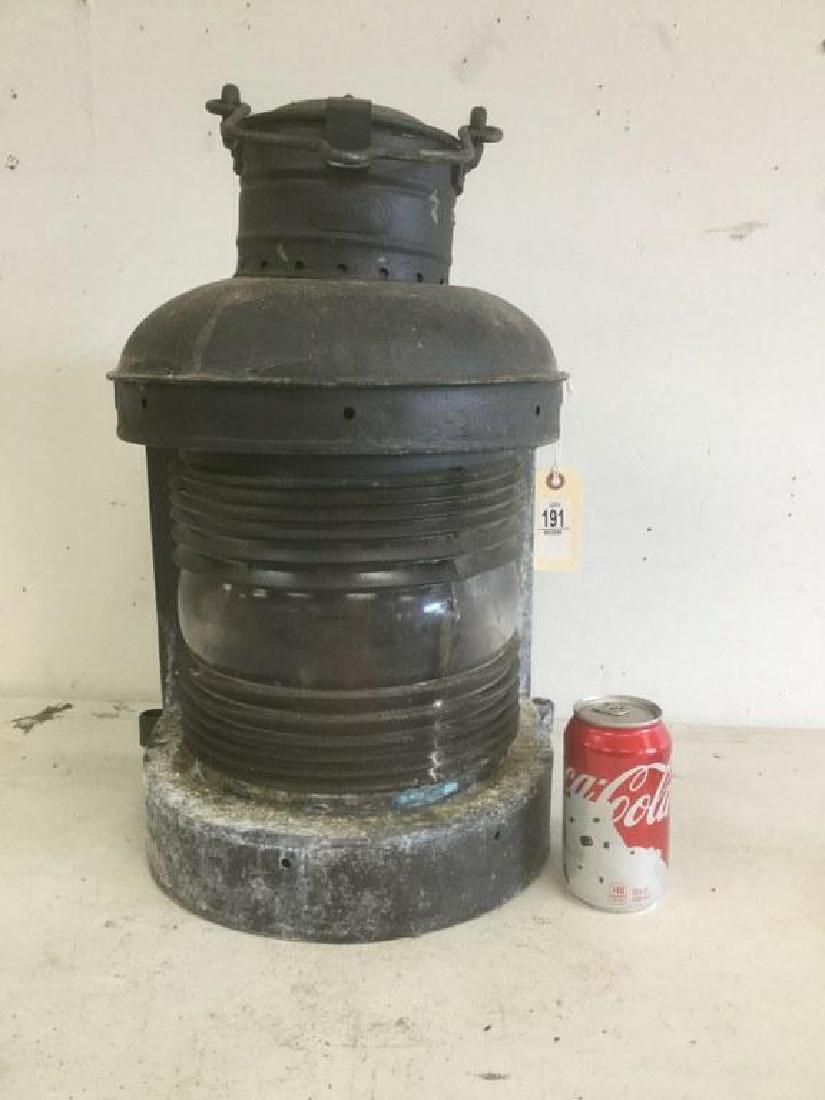 LARGE A WARD HENDRICKSON MARINE LANTERN - GALVENIZED,: LARGE A WARD HENDRICKSON MARINE LANTERN - GALVENIZED, WEAR TO THE FINISH, CURVED GLASS LENS INTACT WITH SMALL CHIPS ON RIM. MEASURES 20" HIGH. FROM THE NEW KINGSTON, NY ESTATE COLLECTION.