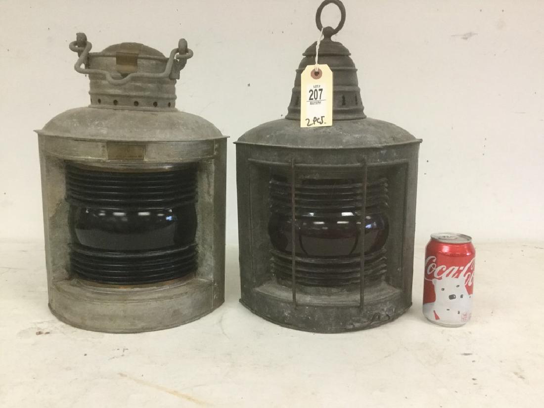 2 GALVENIZED NAUTICAL LAMPS, ONE WITH BLUE GLASS, ONE (1 of 3)
