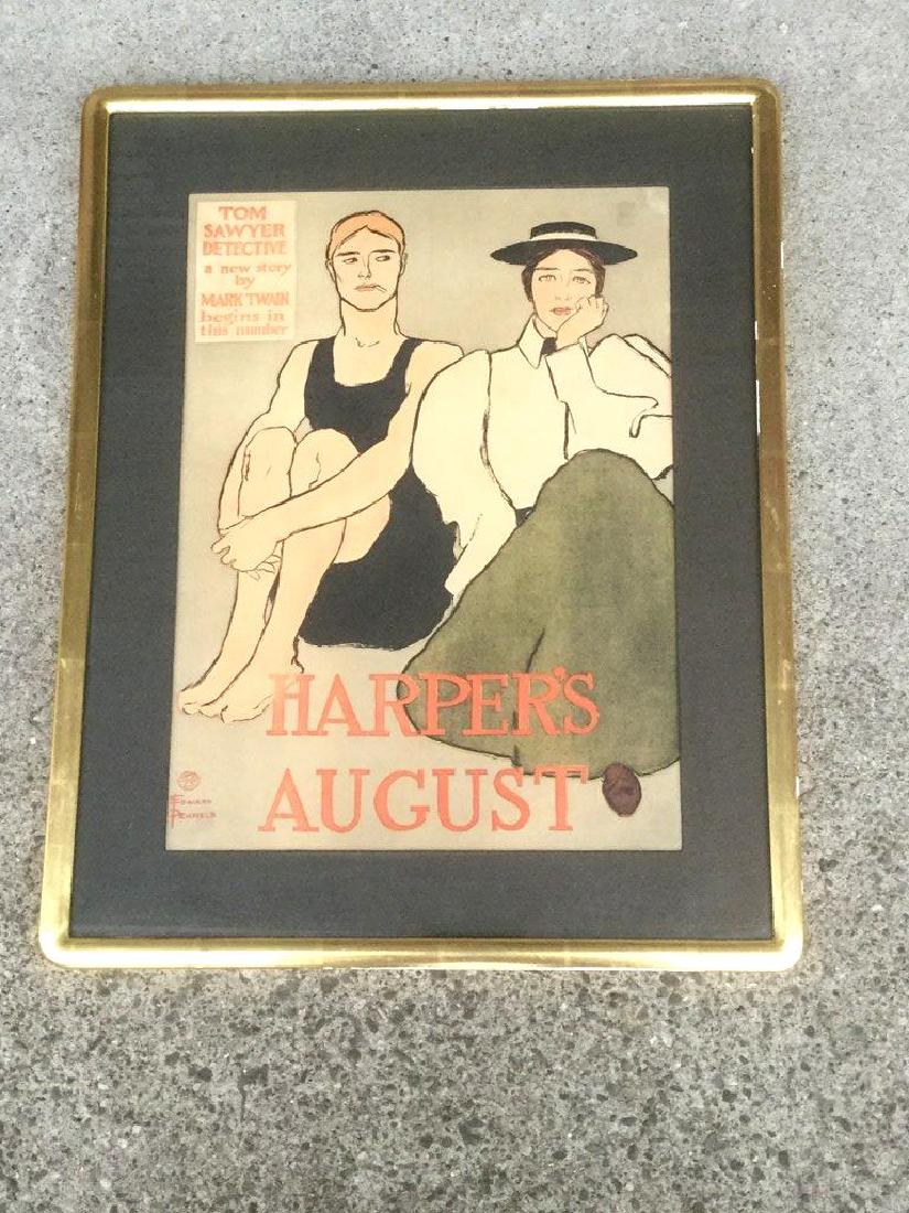 EDWARD PENFIELD HARPERS AUGUST LITERARY POSTER,WITH: EDWARD PENFIELD HARPERS AUGUST LITERARY POSTER,WITH MENTION OF TOM SAWYER DETECTIVE A NEW STORY BY MARK TWAIN. NICE OVERALL CONDITION, MEASURES 19" X 14". SMALL LIHT MARK IN UPPER RIGHT CORNER, NICELY