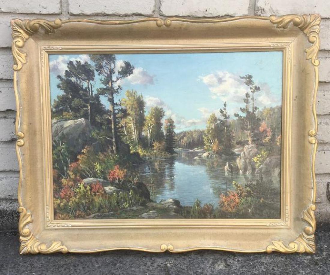 OTTO PLANDING 1887-1964, O/B TITLED SUMMER REFLECTIONS: OTTO PLANDING 1887-1964, O/B TITLED SUMMER REFLECTIONS W/STREAM IN FOREGROUND, IN FRAME OF THE PERIOD, PAINTING MEASURES 16 1/4" X 22", AS PICTURED