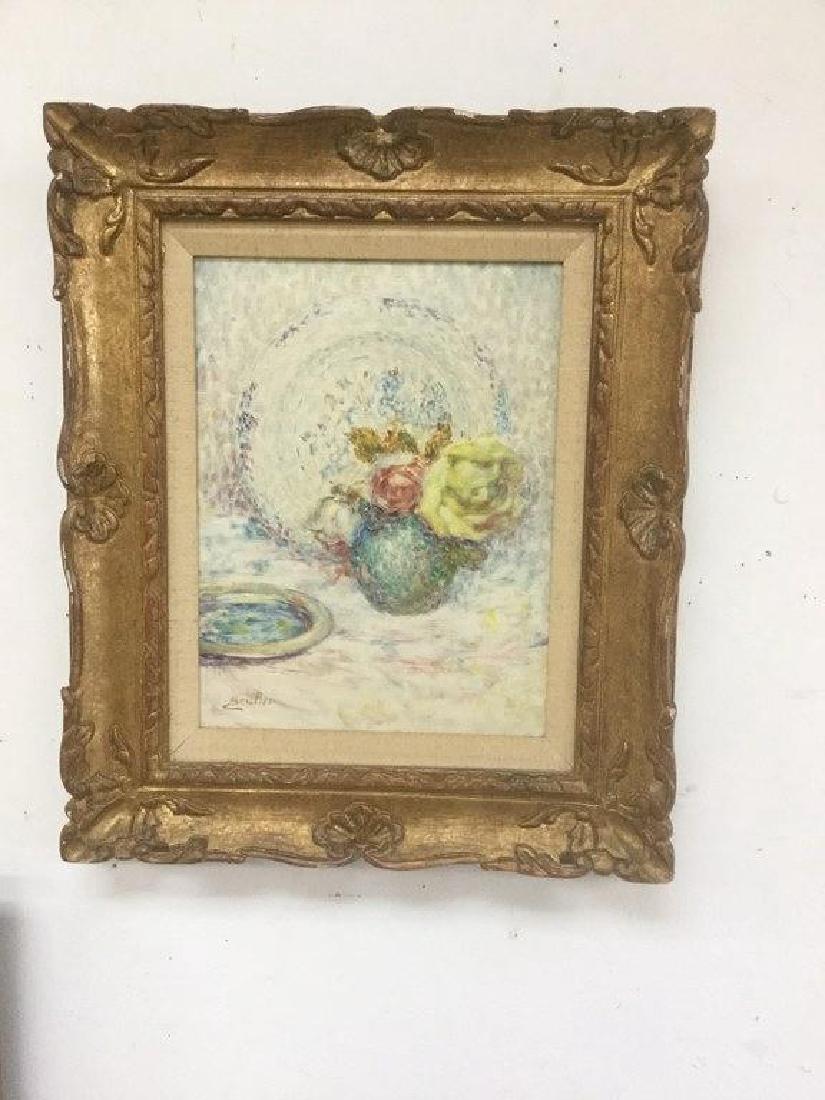 LUCIEN BOULIER 1882-1963 O/C FLORAL STILL LIFE, WITH: LUCIEN BOULIER 1882-1963 O/C FLORAL STILL LIFE, WITH FLOWERS IN A VASE, PLATE IN FOREGROUND AND CHARGER IN BACKBROUND. SIGNED LOWER LEFT, CANVAS MEASURES 14" X 10 3/4", IN NCE DECORATIVE FRAME OF THE