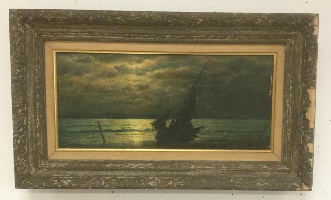 JAMES GALE TYLER 1855-1931 O/C SAIL BOAT SAILING AT: JAMES GALE TYLER 1855-1931 O/C SAIL BOAT SAILING AT NIGHT, SIGNED LOWER LEFT. SOME PAINT FLAKING ON RIGHT BORDER, NEAR TOP. CANVAS MEASURES 8 1/2" X 18 1/2". FROM HUDSON VALLEY ESTATE.