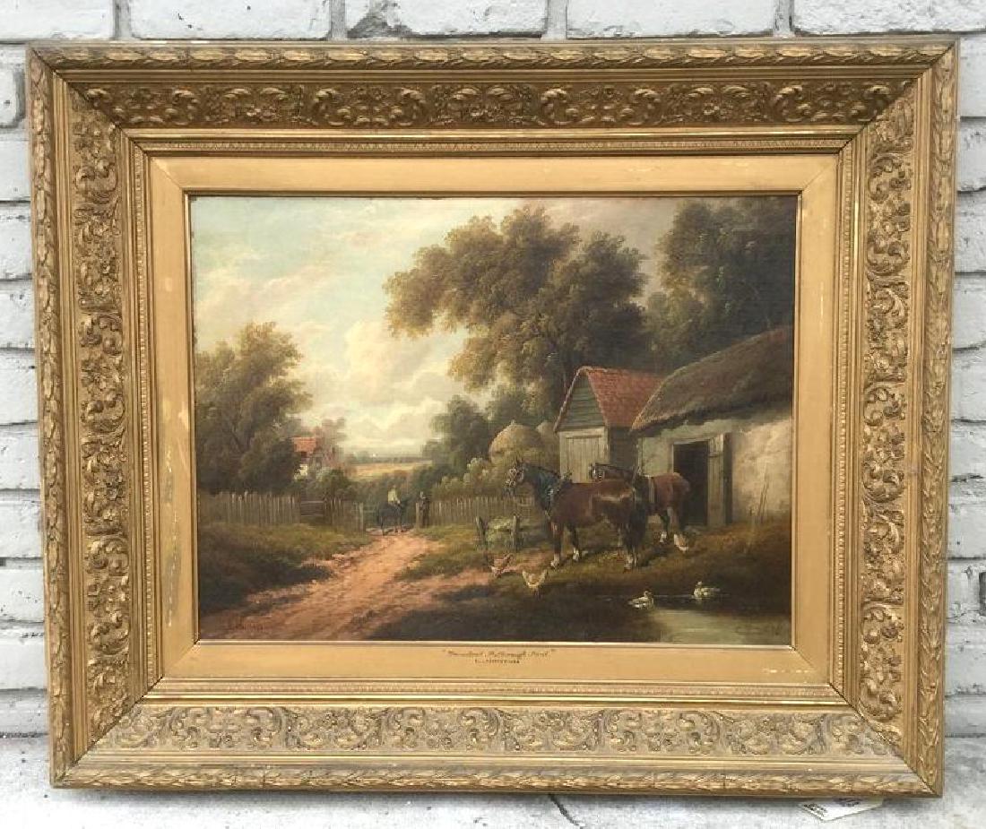ETTY HORTON 1882-1905 O/C FARM SCENE TITLED "FARMSTEAD: ETTY HORTON 1882-1905 O/C FARM SCENE TITLED "FARMSTEAD . PULBOROUGH . KENT" AS WRITTEN ON FRAME, IN FRAME OF THE PERIOD, SIGNED LOWER LEFT, NICE ESTATE FOUND CONDITION, CANVAS MEASURES 20" X 26", AS P