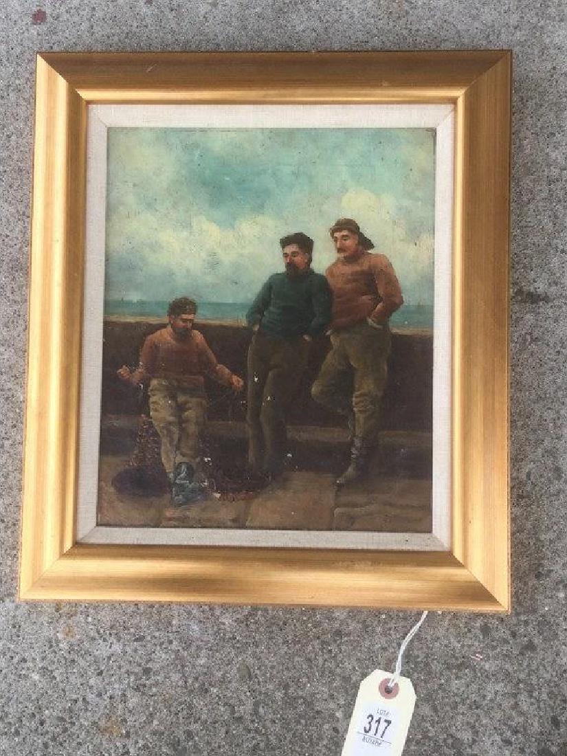 19 TH C. O/C 3 FISHERMEN WITH 1 MAN REPAIRING A NET, (1 of 2)