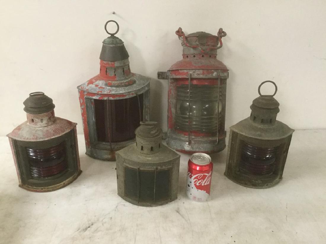 5 OLDER NAUTICAL RELATED LANTERNS, GALVANIZED, SOME (1 of 2)